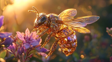 Hyper-realistic bee adorned with gems on a vibrant flower at sunset