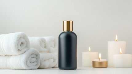 Elegant Black Shampoo Bottle with Gold Cap Surrounded by Soft White Towels and Relaxing Candles in a Tranquil Spa Setting for Wellness and Self-Care
