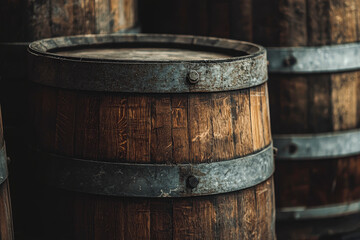 Fototapeta premium A collection of weathered wooden barrels, bound with metal bands, creates a warm, inviting ambiance in a rustic storage space