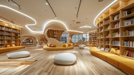 Modern Library Interior with Organic Architecture and Cozy Seating