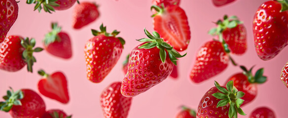 Group of beautiful ripe red strawberries on pink background, group of fresh fruit berries in advertisement style of flying fruits with water drops