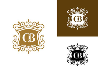 Beautiful luxury letter CB in shield and Abstract Plant. Initial Identity Letter in Gold color Logo vector template
