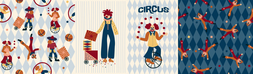 Fototapeta premium Set of cliparts and seamless pattern. Colorful circus background, funny clowns, jugglers, acrobats, cheerful carnival with balloons and confetti, hand drawn