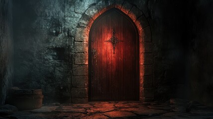 Ancient, arched wooden door in stone castle. Perfect for fantasy, mystery, or horror themes.