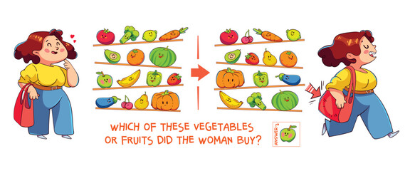 Find the differences puzzle game. Which of these vegetables or fruits did the woman buy at the grocery store? Find hidden objects in the picture. Puzzle Hidden Items. Educational game for children