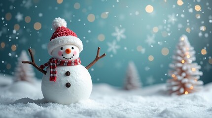 Obraz premium Happy Snowman Amidst Fresh Snowfall in a Winter.