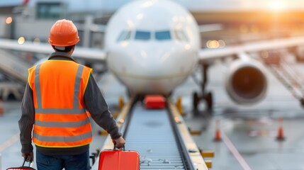 Fototapeta premium Airport conveyor belts transport and load. Airport worker handling luggage near aircraft