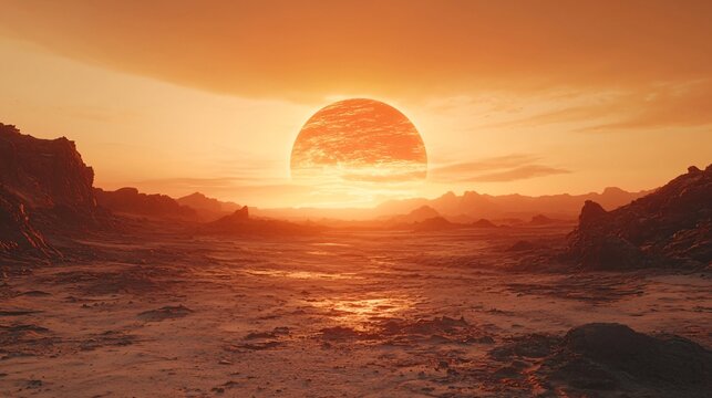 Desolate alien desert landscape bathed in the warm glow of a distant sun