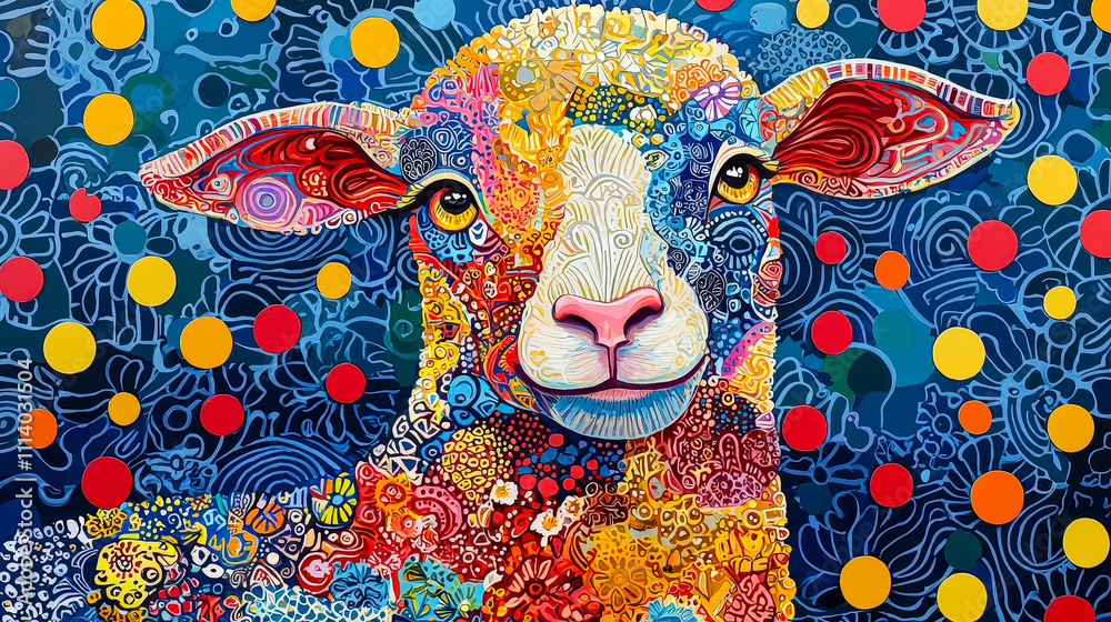 Poster A sheep is depicted with intricate patterns and bright colors, surrounded by bold dots against a deep blue backdrop