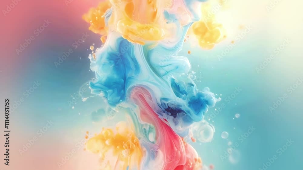 Poster Animation of colorful organic shapes in the form of blending colored streams and droplets. Bright orange, red and blue hues create a vibrant and dynamic scene where fluid swirls resemble ink drops