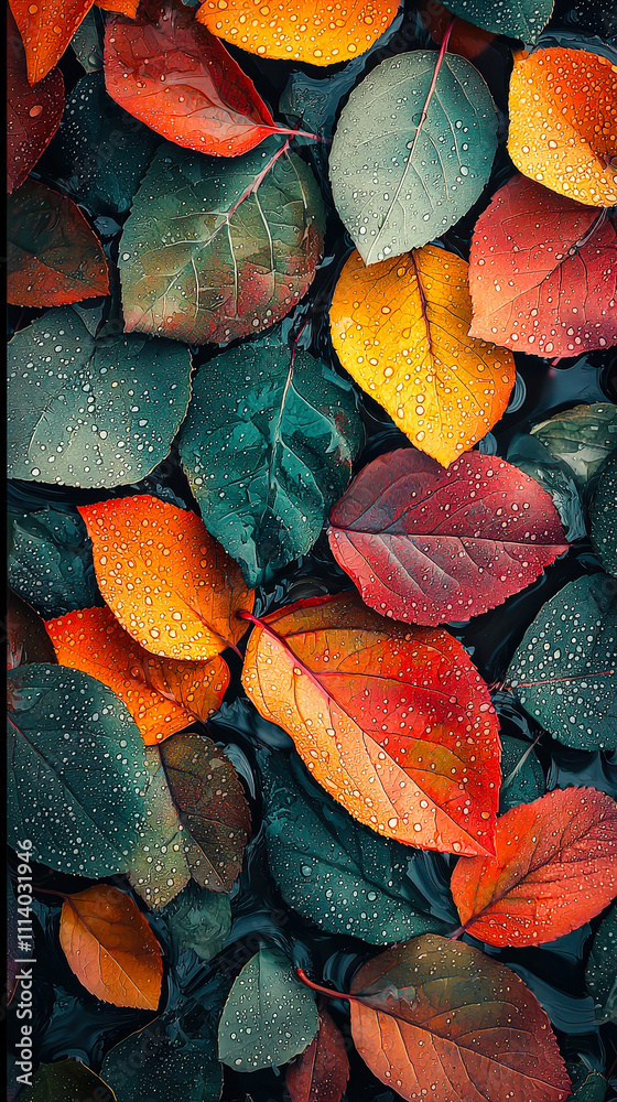 Poster Multicolored leaves display vibrant hues while droplets of water rest gently on their surfaces in a serene autumn setting