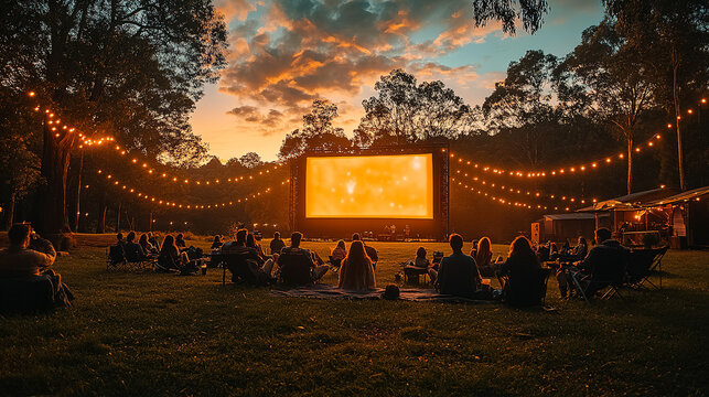Outdoor movie screening at sunset with audience seated on the grass in a serene forest setting. Generative AI