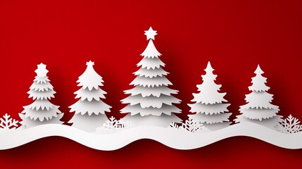 Fototapeta premium Set of merry Christmas tree on red, green, and white paper cut background. Elements of New Year's Day festival for card, cover. Top view scene for product display