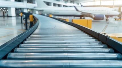Airport conveyor belts transport and load. Conveyor belt at an airport terminal