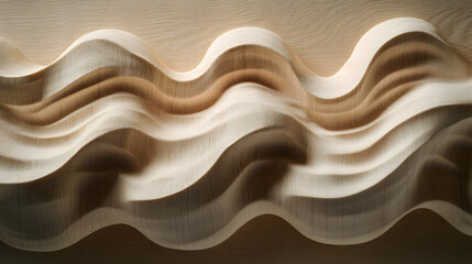 Abstract wooden sculpture with flowing, wavy design.  Textured surface, light and shadow play.