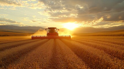 Fototapeta premium Farmers harvesting crops at sunset in a golden field creating a beautiful rural landscape