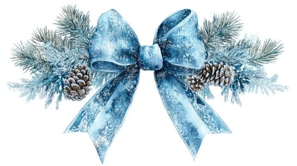 Christmas bow clipart, icy blue tones, adorned with pinecones, isolated on white background