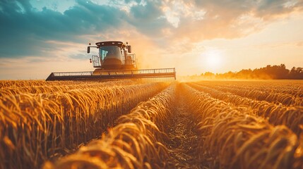 Farmers gather crops in golden fields during sunset in a picturesque rural landscape