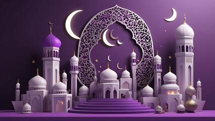 3d modern Islamic holiday banner in purple monotone design. Display podium with Ramadan lantern, metal moon and mosque portal on purple background.