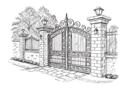 forged gates engraving vector illustration