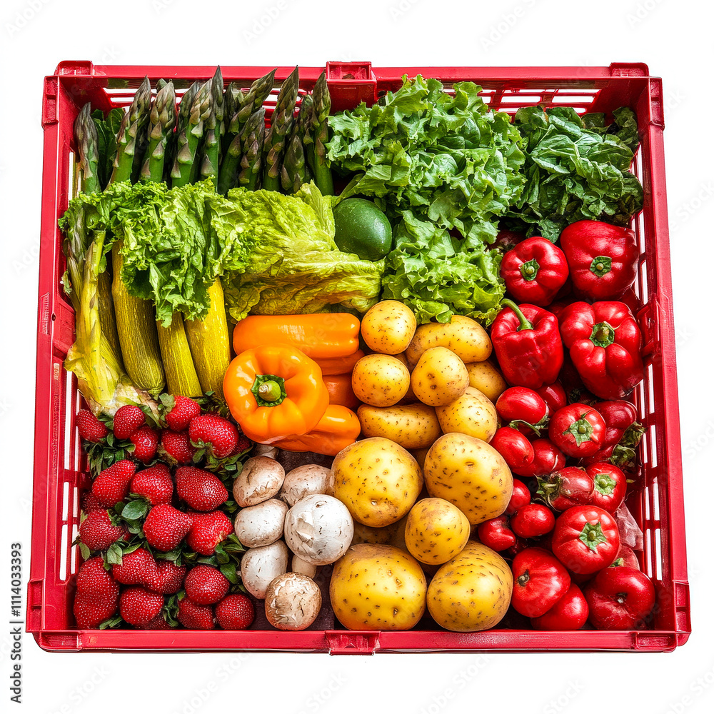 Poster colorful array of fresh vegetables and fruits arranged neatly in a red crate, showcasing greens, pep