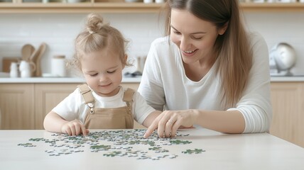 A mother and daughter enjoy puzzle time together, fostering creativity and bonding in a cozy kitchen setting.