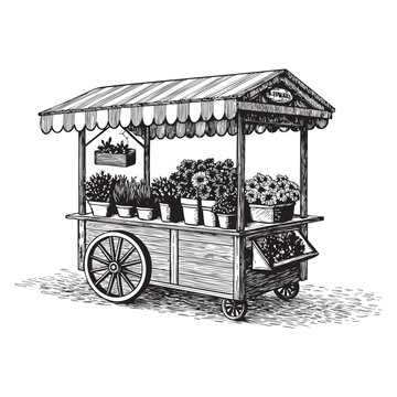 flower cart sketch, black and white clip art preview