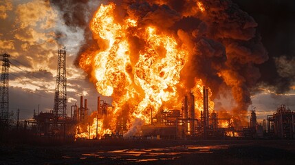 Flames erupting from an industrial factory during sunset in a dramatic urban landscape