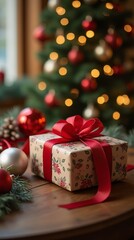 Christmas Gifts and Festive Decor with a Tree in the Background.