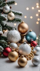 This elegant image captures the spirit of Christmas with a beautiful display of festive ornaments. The combination of white, gold, and silver ornaments, adorned with delicate snowflake patterns.
