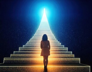 Personal Goal Setting and Mind Visualization. A woman stands before a luminous staircase that ascends into a glowing blue light, evoking themes of hope and aspiration.