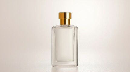 Fototapeta premium Transparent glass perfume bottle with a golden cap on a soft gradient background, showcasing luxury and elegance for fragrance branding and design concepts