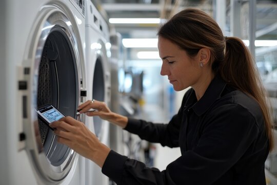 A woman in a laundromat checks her smartphone while loading clothes into the washer, showcasing modern technology integrated into daily chores and home care activities.