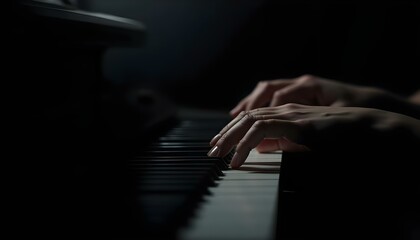 Fototapeta premium Hands playing piano keys in a dark, moody setting