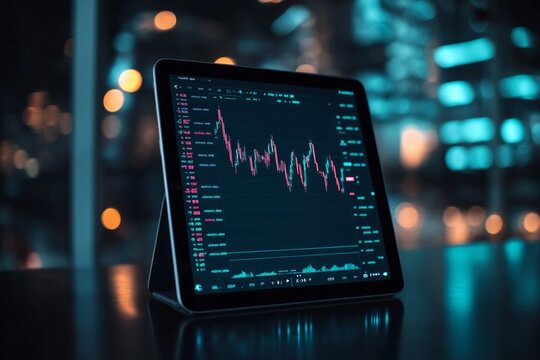 Modern digital tablet computer with stock market application on a screen, Modern financial stock market graph with only candlestick chart and numbers on it's screen