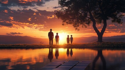 Fototapeta premium Silhouetted family by lake at sunset, solar panels below. Illustrates clean energy & family values, perfect for environmental campaigns.