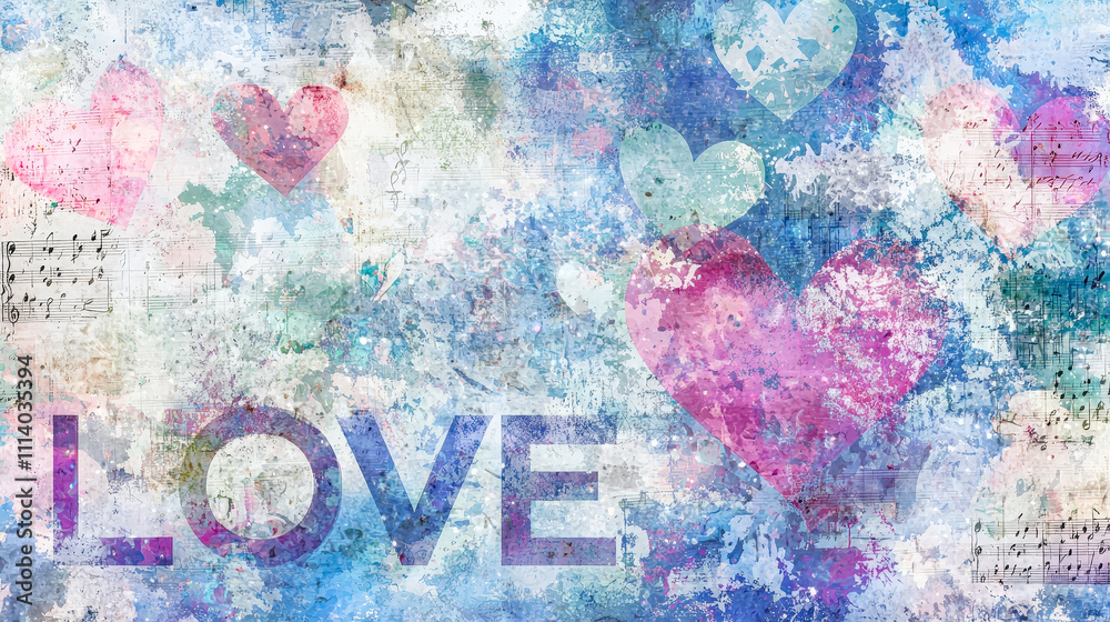 Poster colorful hearts in soft pastel hues blend into an abstract design, with the word love prominently di