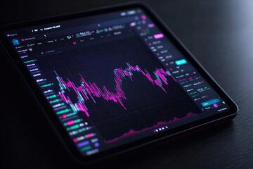 Modern digital tablet computer with stock market application on a screen, Modern financial stock market graph with only candlestick chart and numbers on it's screen