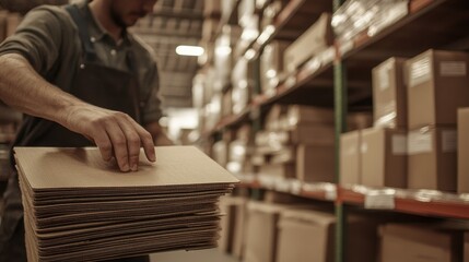 Obraz premium Worker Stacking Cardboard in Warehouse Environment