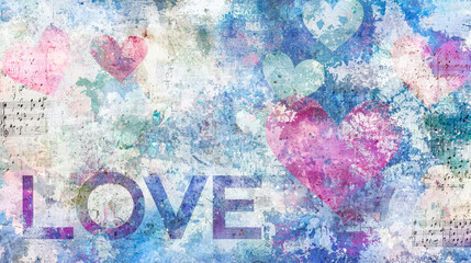 Fototapeta premium Colorful hearts in soft pastel hues blend into an abstract design, with the word love prominently displayed alongside musical notes, Perfect for background use in videos and projects