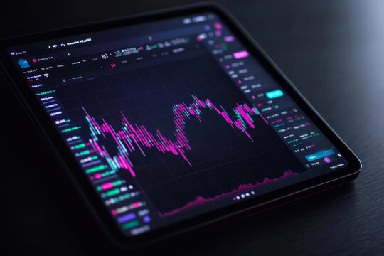 Modern digital tablet computer with stock market application on a screen, Modern financial stock market graph with only candlestick chart and numbers on it's screen