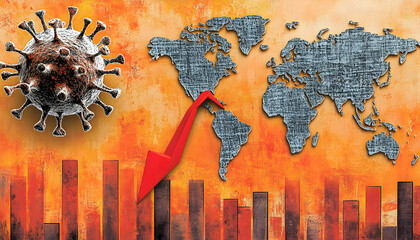 Global Pandemic Impact  A striking visual depicting a world map with a sharp economic downturn, symbolized by a downward red arrow, alongside a detailed coronavirus model.