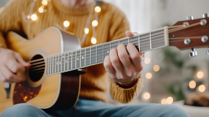 A cozy scene of a person playing guitar, adorned with festive lights, evoking a warm, musical...