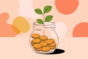 Glass jar with a small plant and coins, concept of economy and savings.