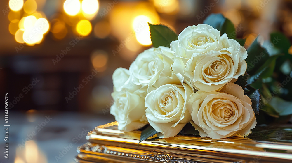 Aufkleber a beautiful arrangement of white roses rests on a decorative table, surrounded by warm, ambient ligh