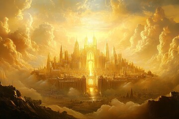 A visually striking biblical scene from the Book of Revelation, featuring symbolic elements of prophecy and divine imagery, set in a heavenly landscape.