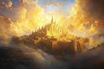 A visually striking biblical scene from the Book of Revelation, featuring symbolic elements of prophecy and divine imagery, set in a heavenly landscape.