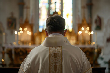 Fototapeta premium Generative AI Portrait of Pastor in Church Setting with Radiant Light and Religious Reverence