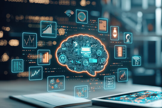 Personal Goal Setting and Mind Visualization. A digital representation of a brain with colorful data visualizations, symbolizing artificial intelligence, analytics, and cognitive technology.