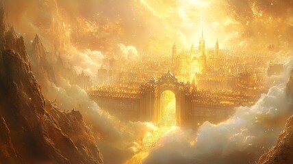 A visually striking biblical scene from the Book of Revelation, featuring symbolic elements of prophecy and divine imagery, set in a heavenly landscape.